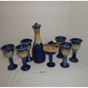 MCM Blue Drip Glaze Pottery Decanter Set w/ Goblets & Candle Holder Vintage